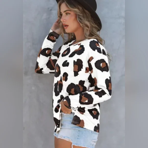 NEW! White Leopard Print Casual Loose Long Sleeve Top - Picture 4 of 14